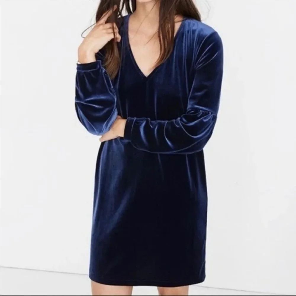 Madewell Velvet Balloon Sleeve Shift Dress Navy Long Sleeve V-Neck Sz Small
